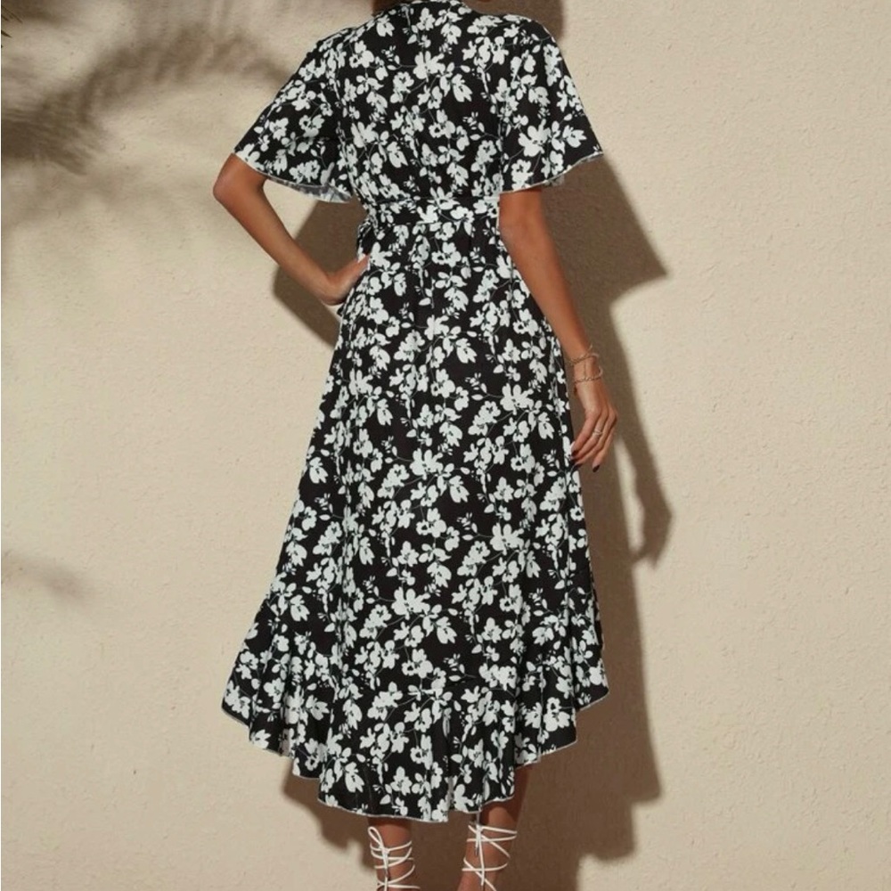 Floral print flutter sleeve ruffle trim belted wrap dress